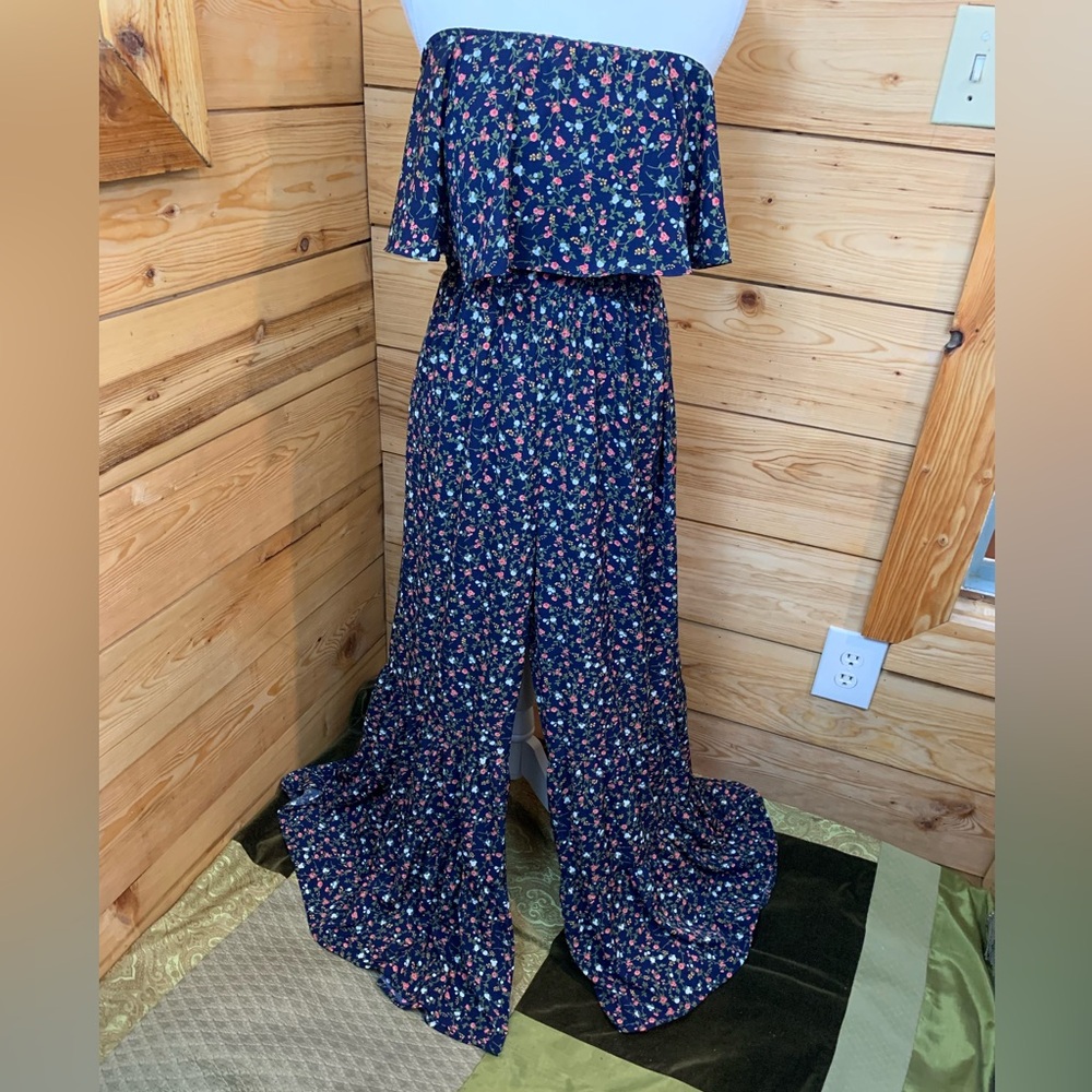 Floral Pant Jumpsuit Tiered Umgee Sleeveless Ruffle Women’s Medium Navy Pink Rom